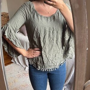 Altar'd State Sage Green Blouse with Tassel Detail